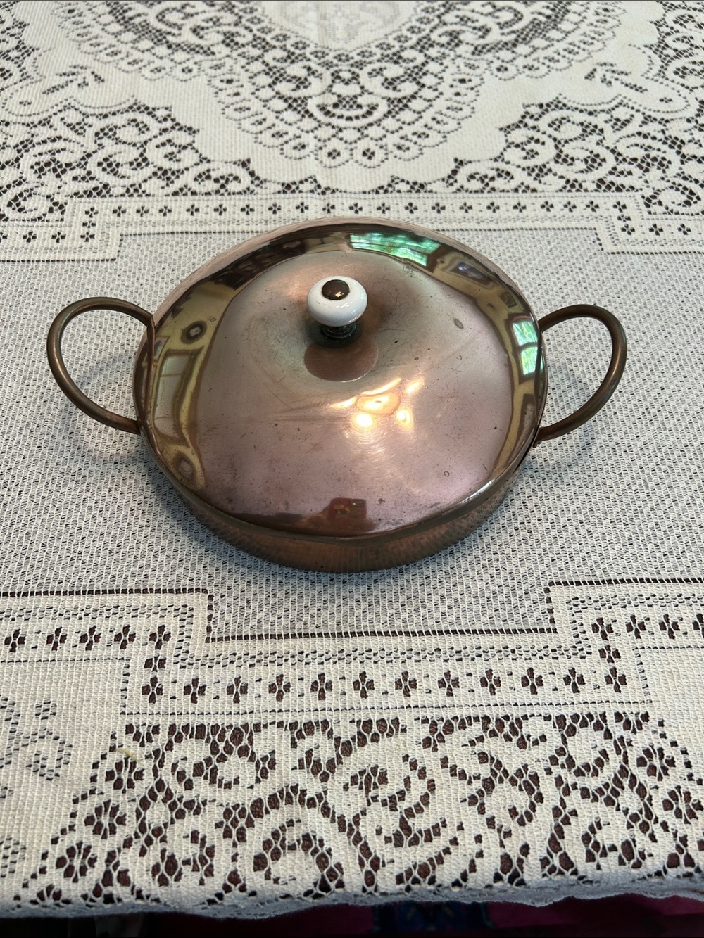 Vintage Antique Copper Two-Handled Covered Dish with White Knob 8” by 10”